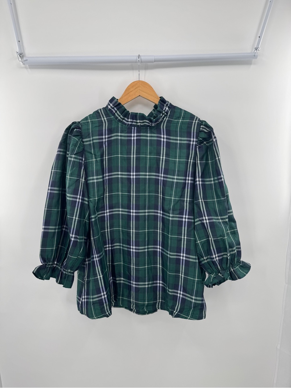 J. Marie Tartan Tamara Back Bow Tie Ruffle Mock Neck Long Cuff Sleeve Blouse XL